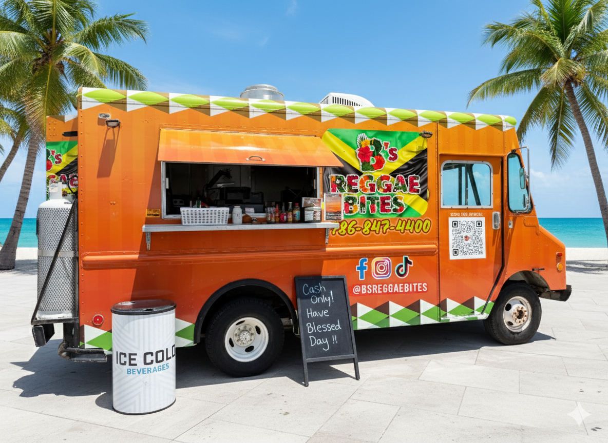B's Reggae Bites orange food truck on the beach in Marathon, Florida Keys with palm trees and ocean