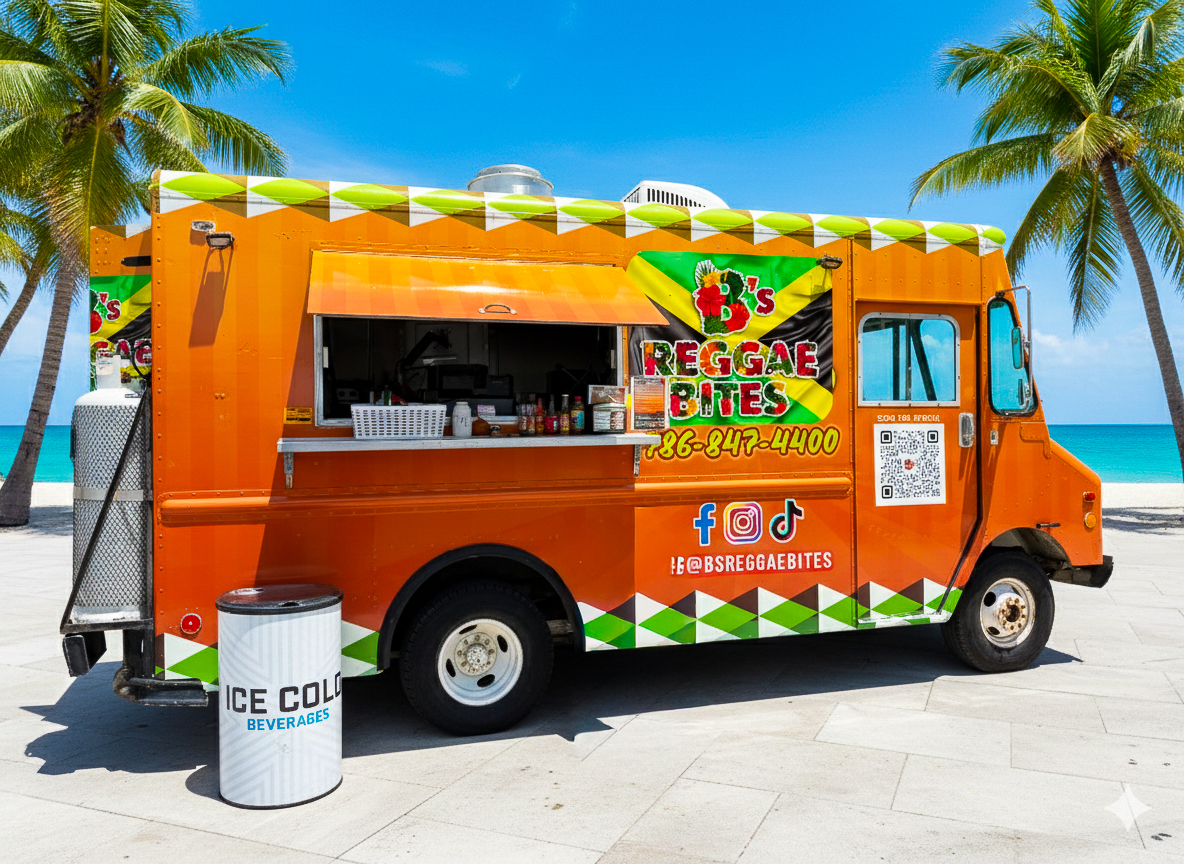 B's Reggae Bites orange food truck parked on the beach with palm trees, featuring the colorful logo, phone number, and social media handles